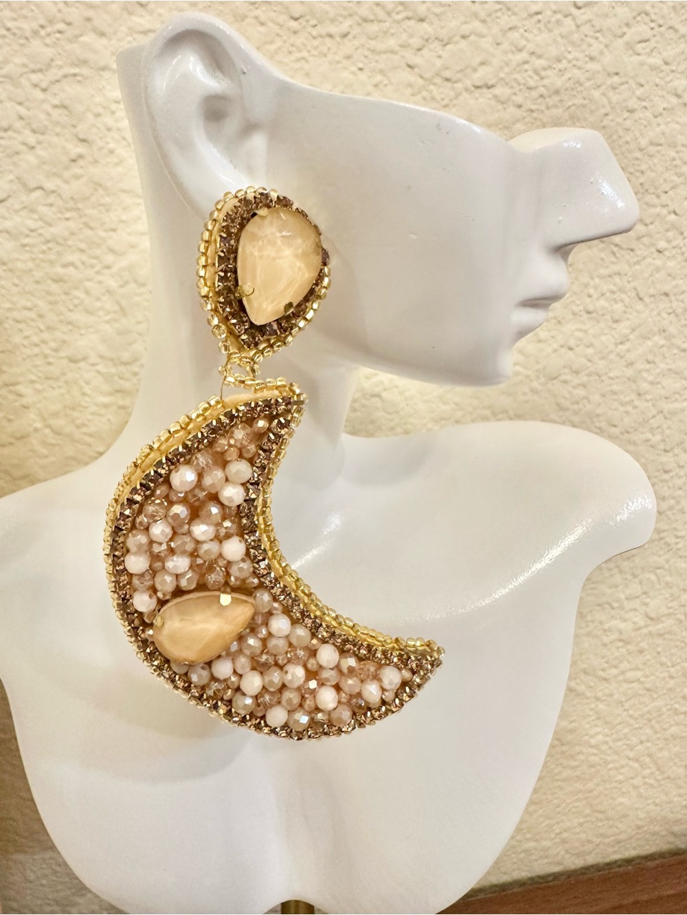 Mexican Handmade Soutache Gold & Cream Beaded Crescent Statement Earrings